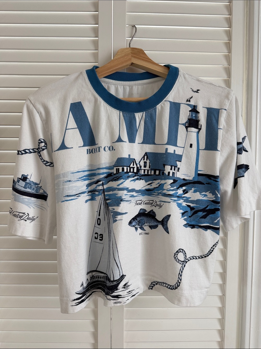 Maeve White and Blue Nautical Graphic Crop Tee
